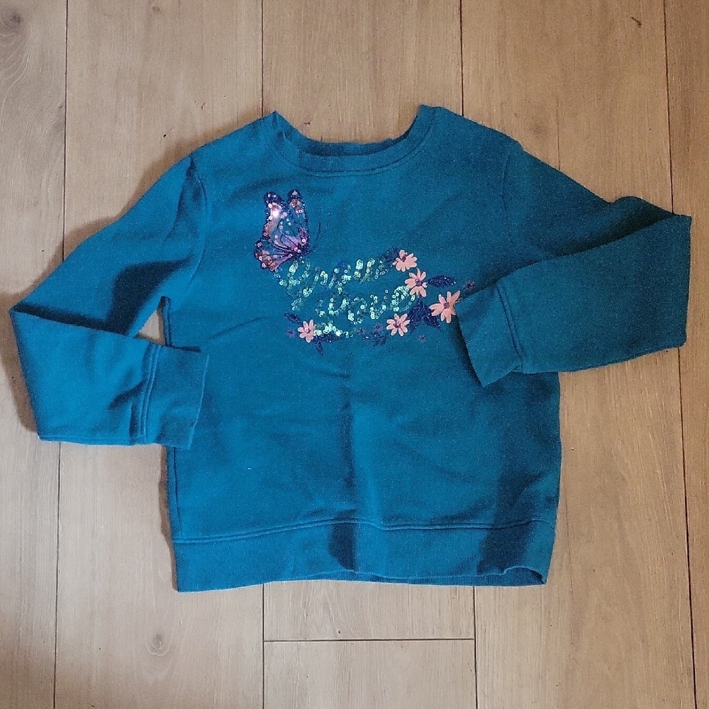 Teal Sweatshirt with Butterfly and Floral Design